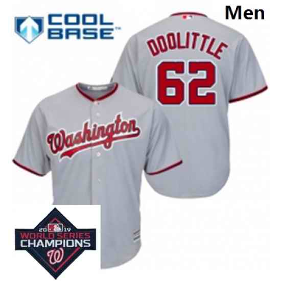 Mens Majestic Washington Nationals 62 Sean Doolittle Grey Road Cool Base MLB Stitched 2019 World Series Champions Patch Jersey